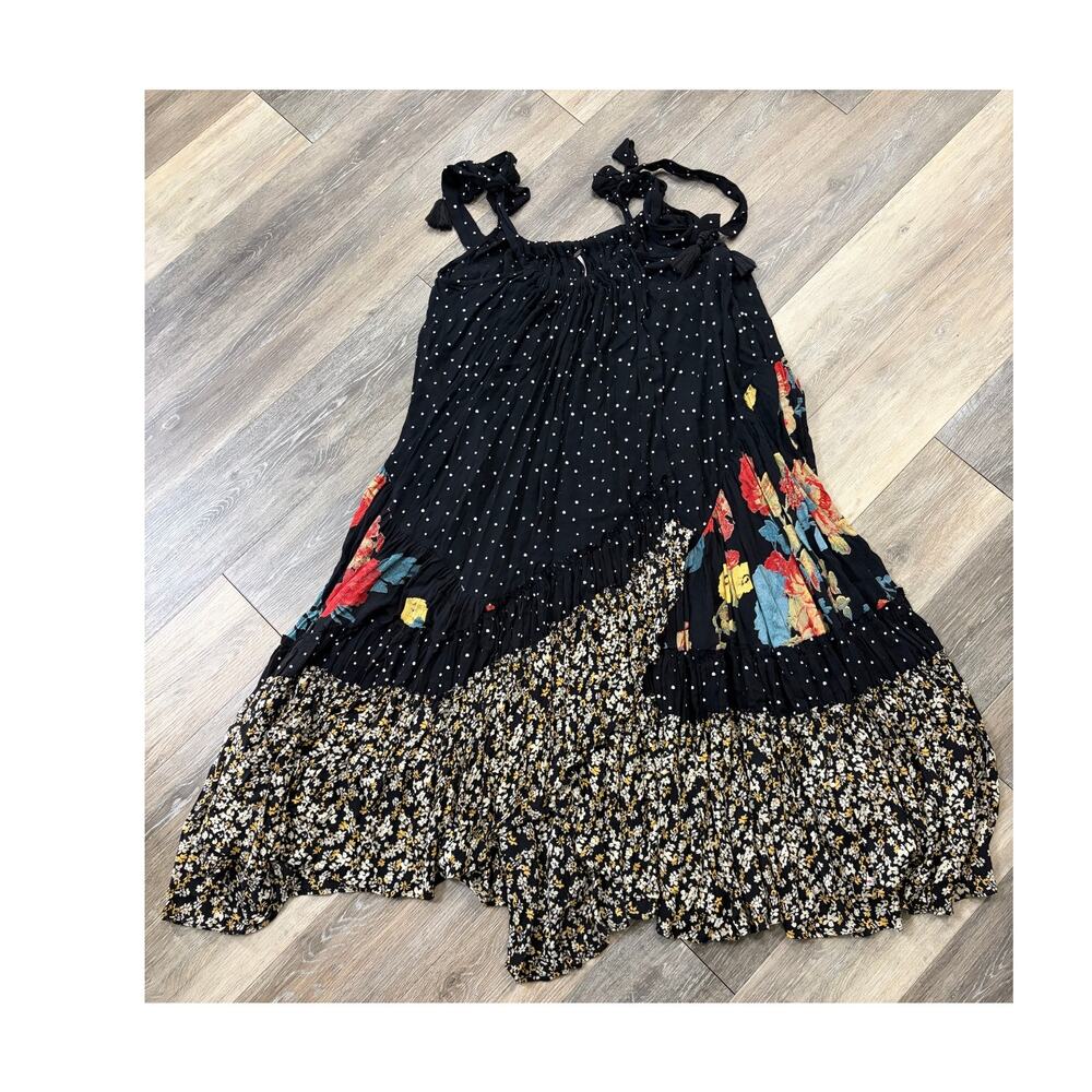 Free People Bare It All Maxi Dress Black Floral Tassel Tie Back Small